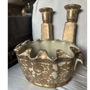 Vintage Chinese set Pair Hand Painted Candle Holders Candlestick gold bowl Asian
